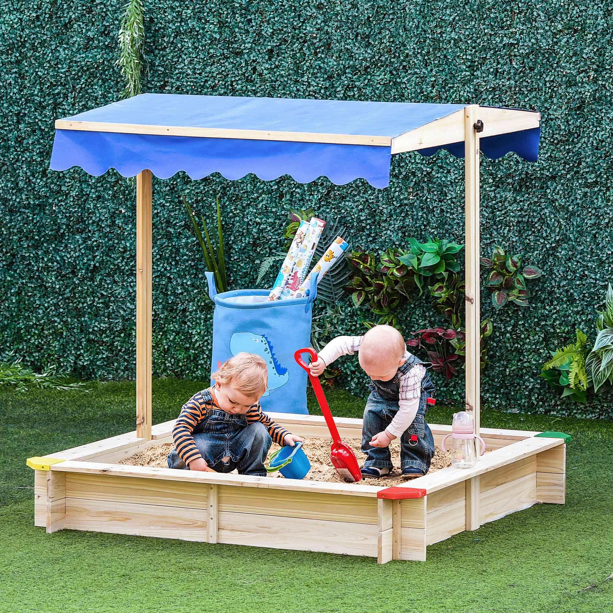 Arenero de Madera para Niños con Techo Toldo Ajustable 120x120x120cm para Jardín