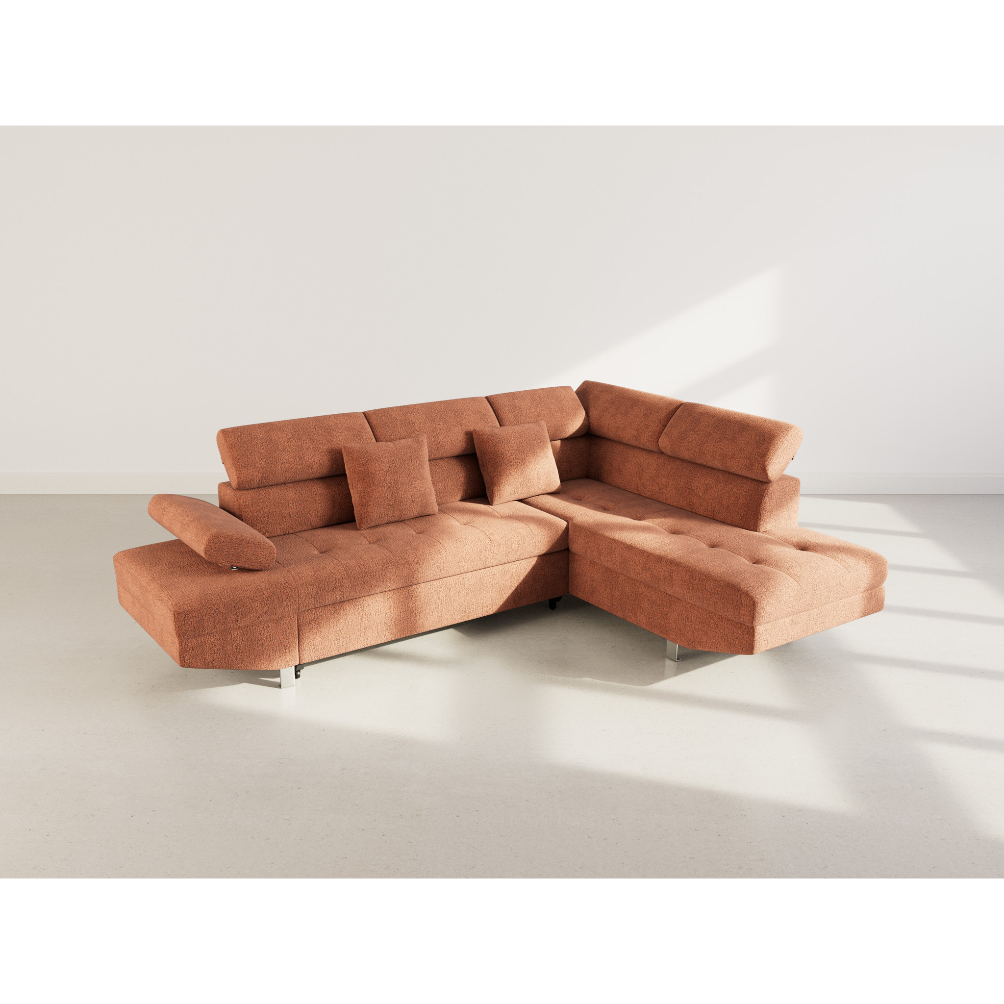 Margaux - Canapé d'angle droit 5 places convertible avec coffre et têtières réglables en velours texturé - Terracotta