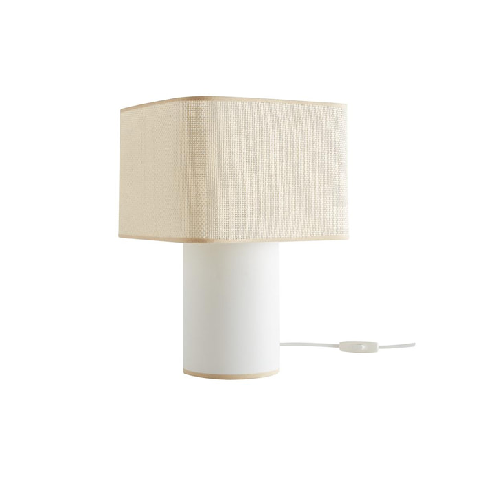 Lampe à poser vintage cube en coton écru et abat-jour en papier tissé H36 CUBO