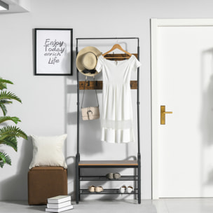 Vestiaire d'entrée style industriel - 4 patères doubles + 4 simples - tringle, banc, 2 étagères - métal noir effet bois vieilli