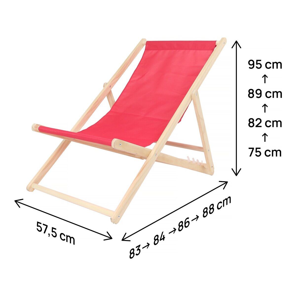 Lot de 2 transat en bois "Chilienne" - 107 x 56.5 x 81 cm - Rouge