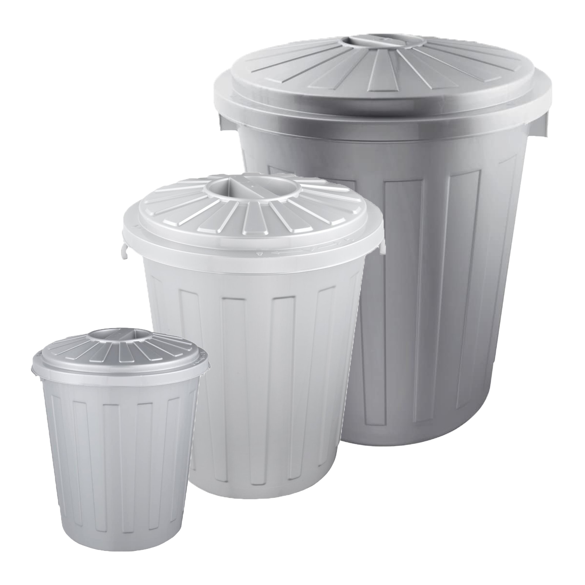 Set de 3 cubos de basura/papelera polivalente Mats con tapa cerrable de plastico resistente 7/23/50 litros en color plateado