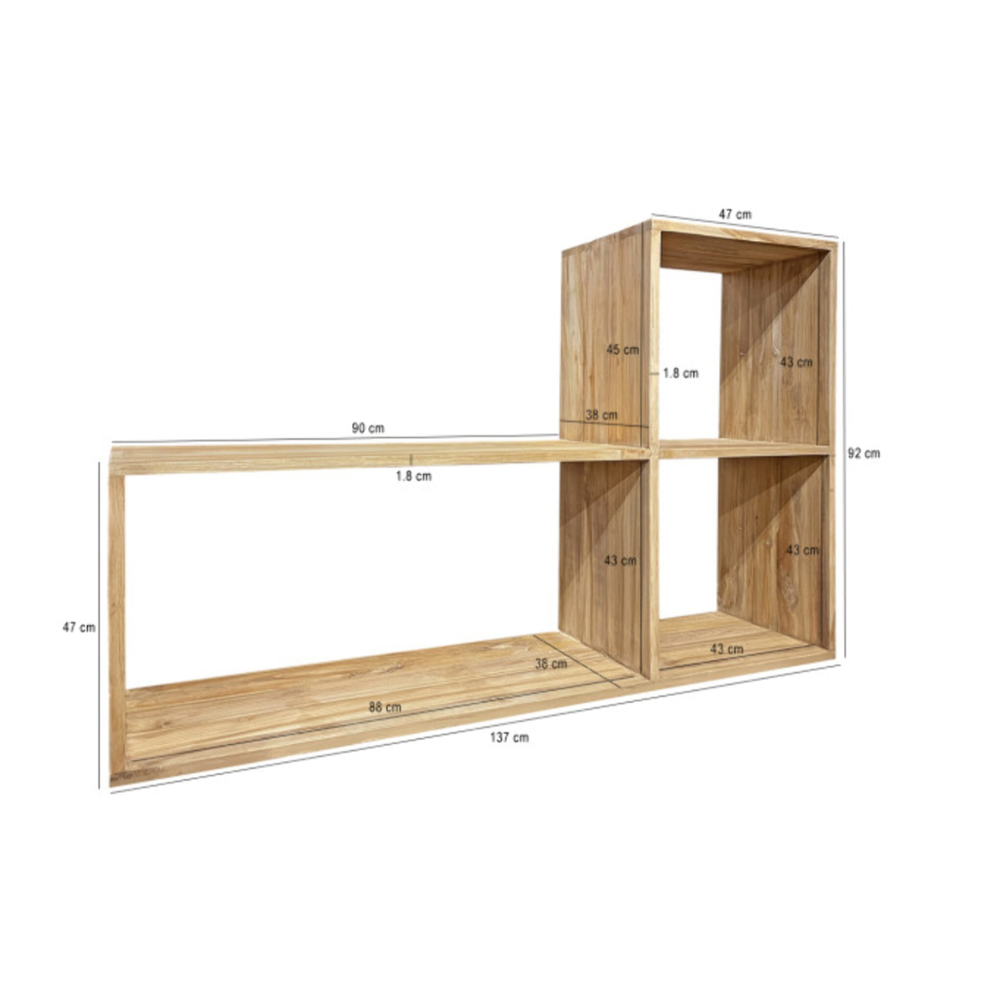 Etagère en L 3 cases cubes de rangement 137 cm bois de teck massif - ROMA