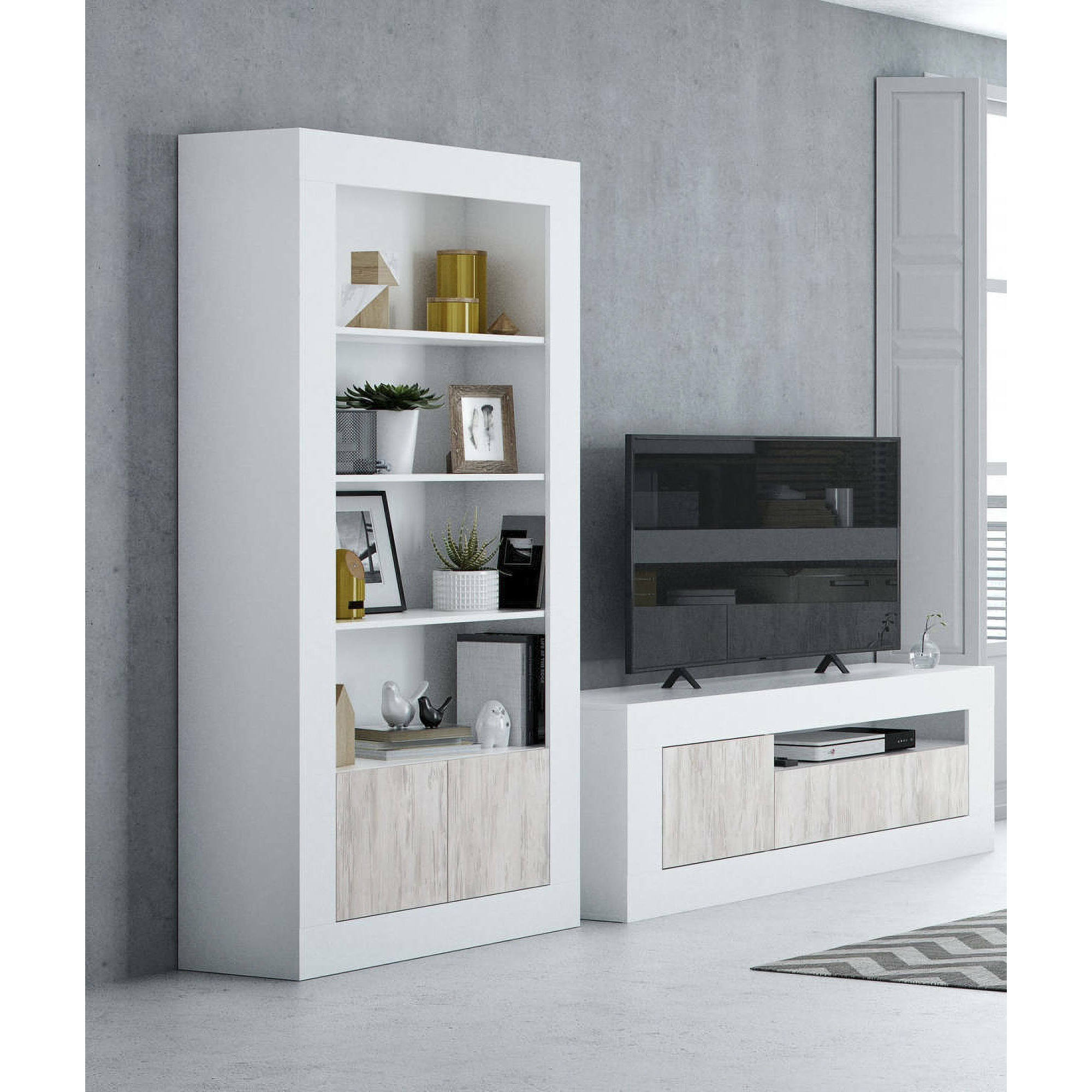 Libreria Lexington, Mobile portalibri moderna a 2 ante e 3 ripiani, Scaffale moderno, Credenza alta con scomparti, cm 94x35h181, Bianco lucido