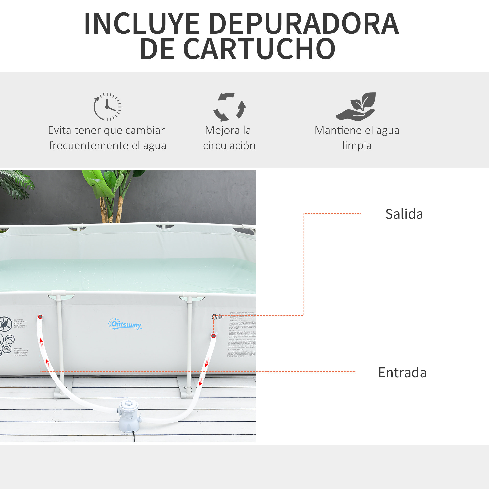 Piscina Desmontable 3600L Rectangular con Depuradora Cartucho 291x190x75 cm Gris