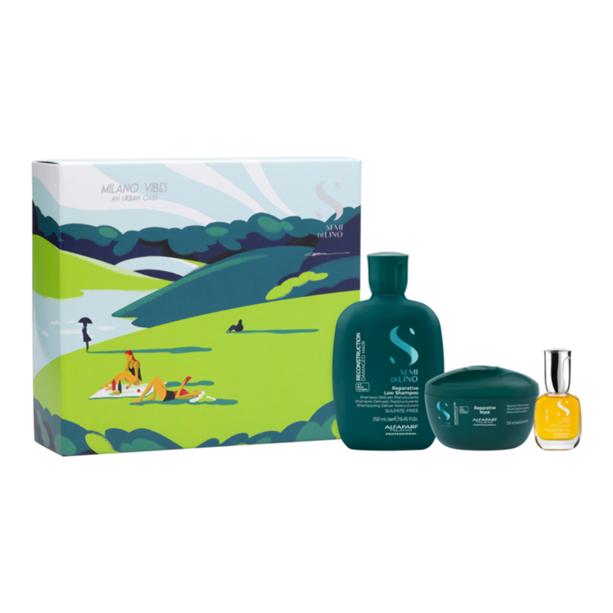 ALFAPARF MILANO Set Holiday Semi Di Lino Reconstruction Shampoo 250ml + Mask 200 + Oil 15ml