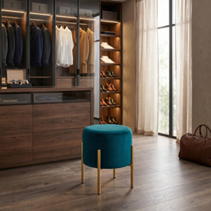 Pouf Tondo in Velluto con Gambe in Acciaio Dorate, Seduta Imbottita Elegante dallo Stile Contemporaneo per Soggiorno, Camera da Letto e Ingresso