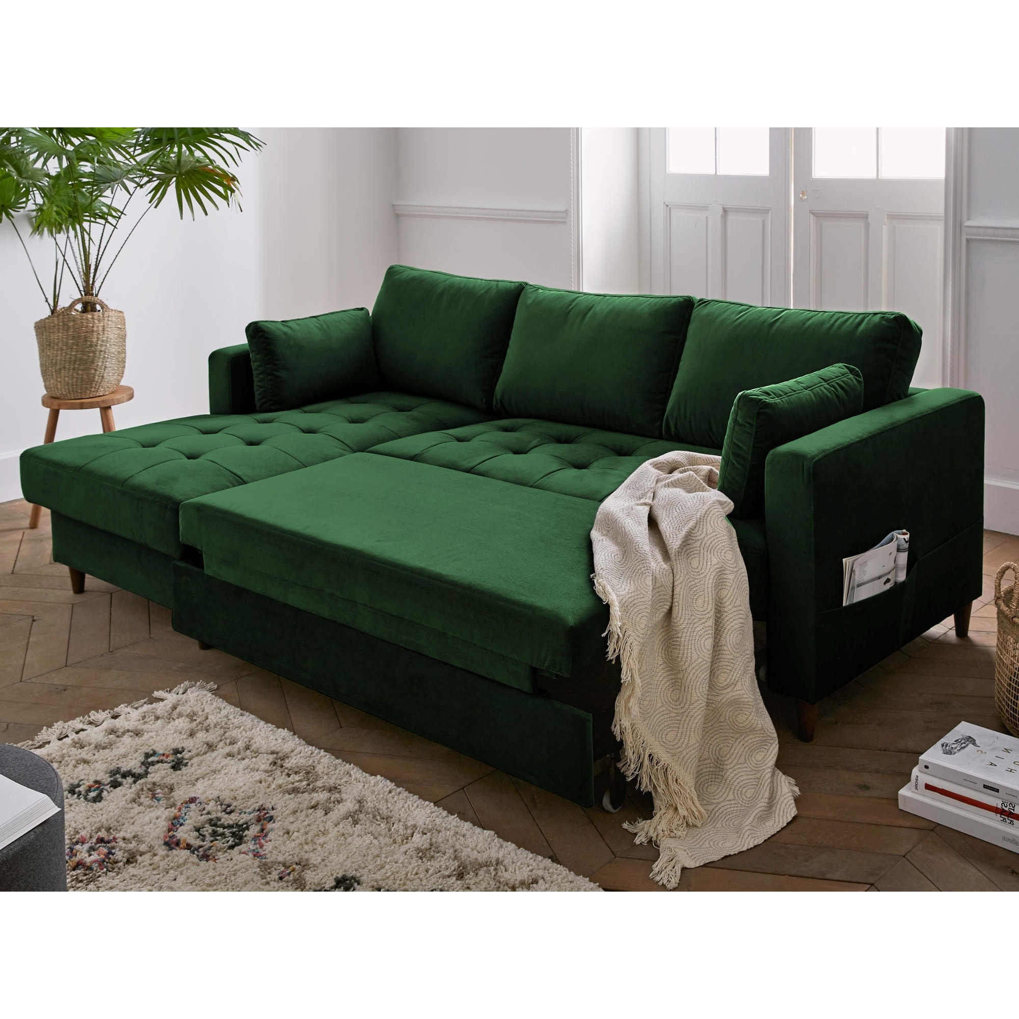 Anna - canapé d'angle gauche - 4 places - convertible avec coffre - en velours - Vert