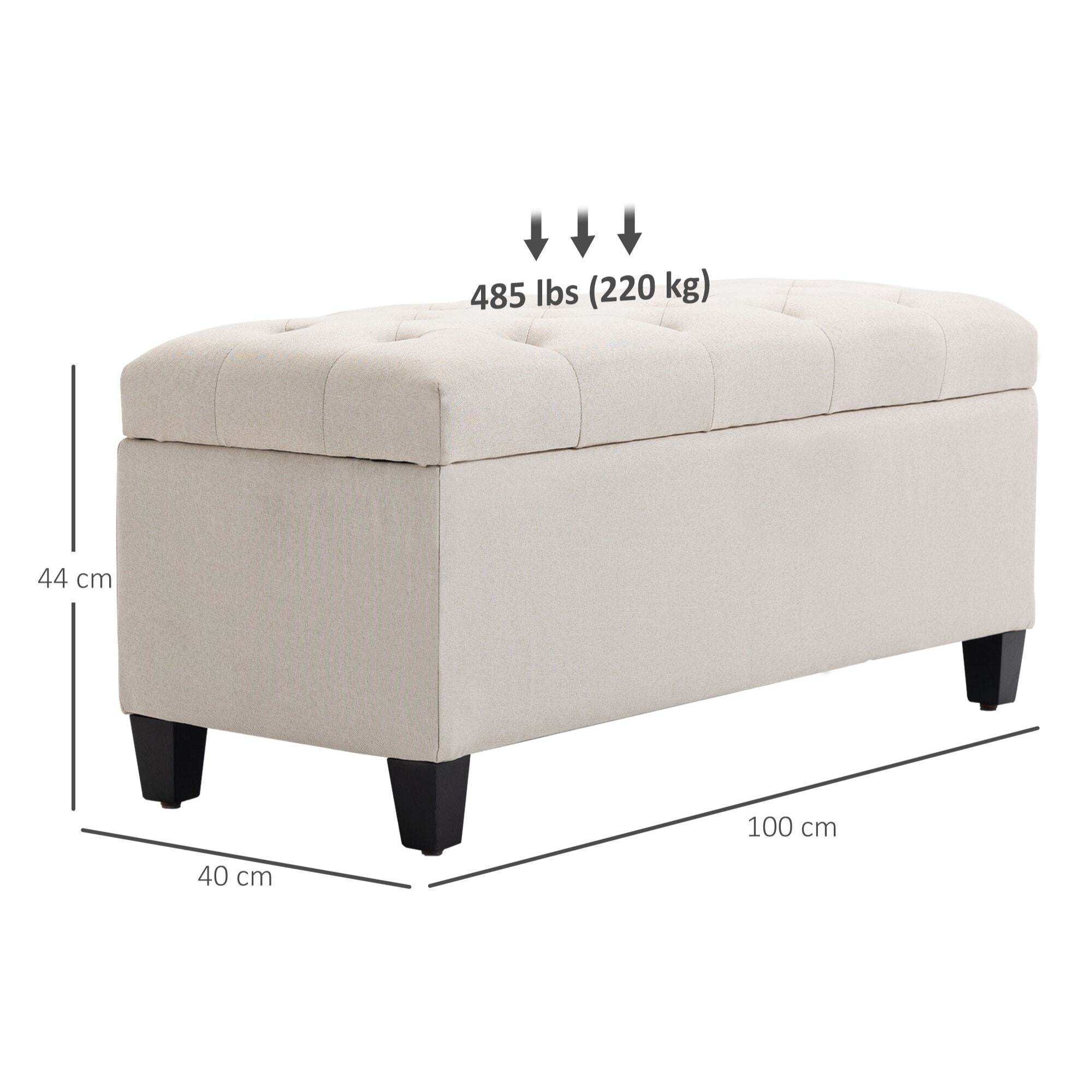 Banquette coffre de rangement style Chesterfield dim. 100 x 40 x 44 cm piètement bois noir tissu beige clair