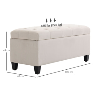 Banquette coffre de rangement style Chesterfield dim. 100 x 40 x 44 cm piètement bois noir tissu beige clair