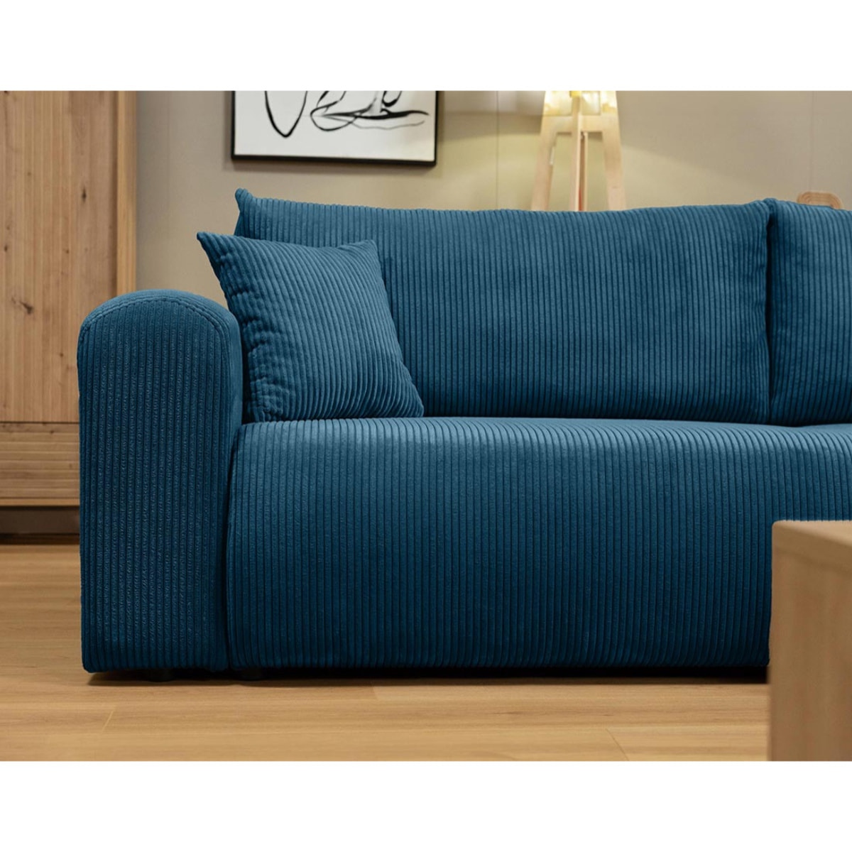 Naomi - Canapé d'angle réversible 4 places convertible avec coffre en velours côtelé - Bleu