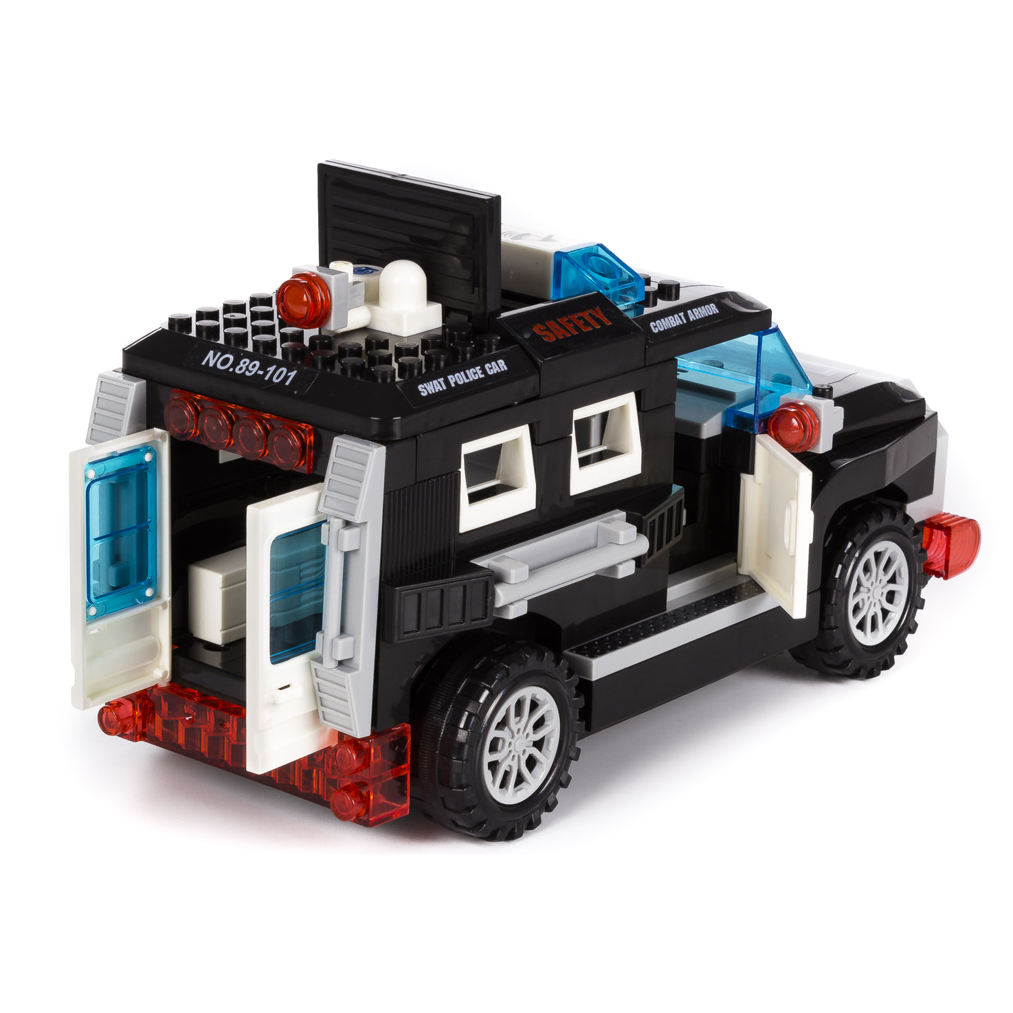 Veicolo d'assalto della polizia SWAT, con luci ed effetti sonori. Da costruire, 72 pezzi. Modalità di funzionamento automatica 360°.