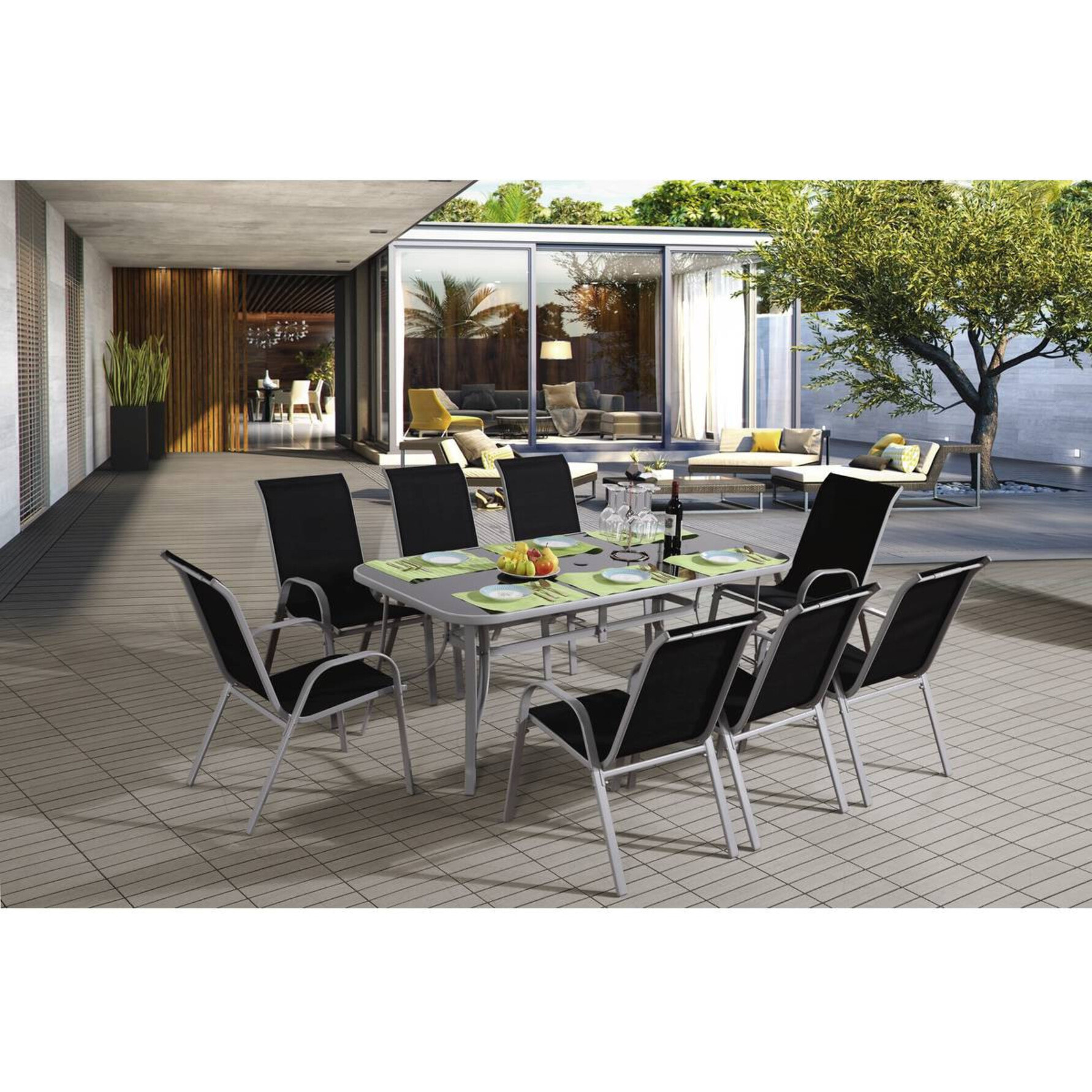 Table et chaises de jardin en textilène "Cordoba XL 180" - Phoenix - 8 places - Noir