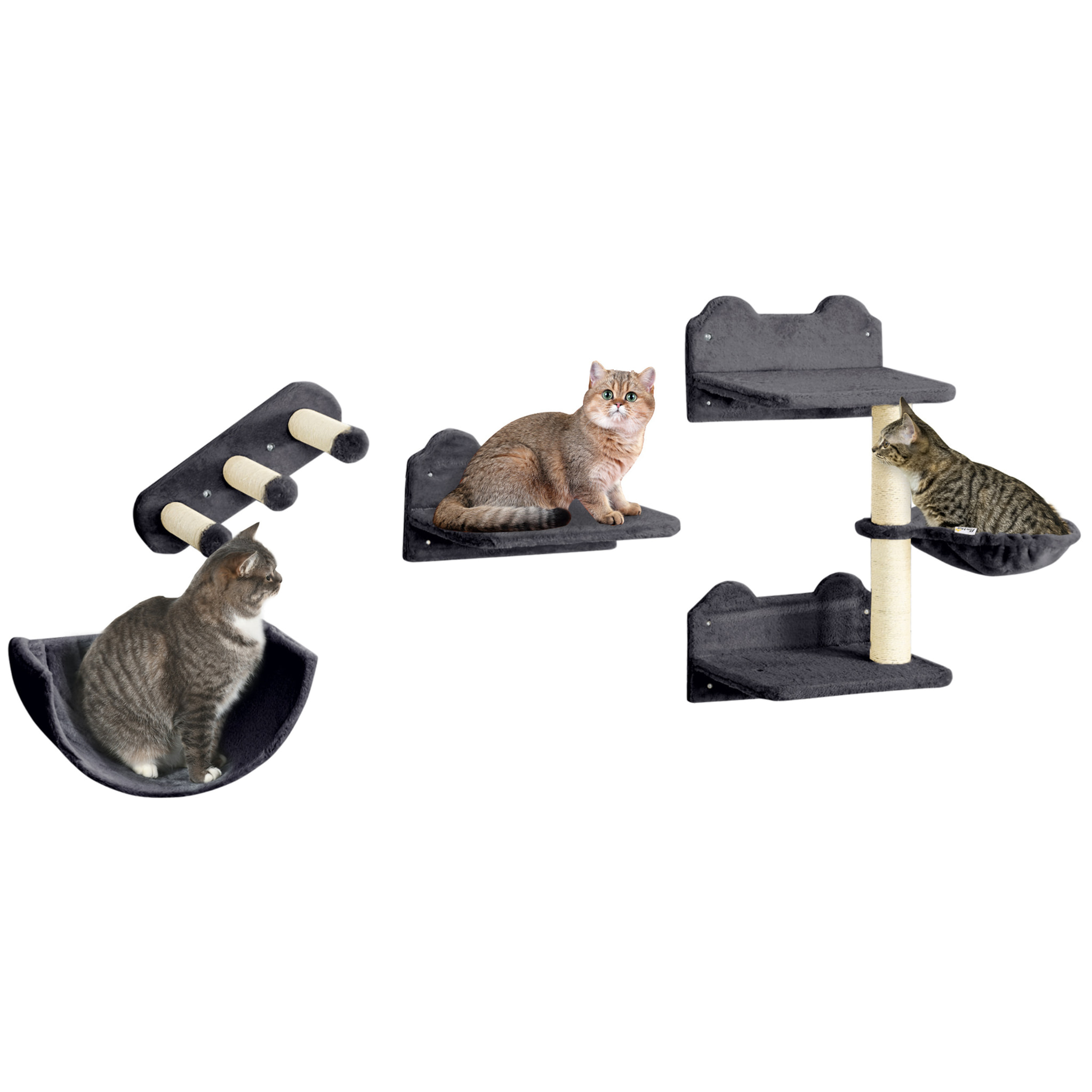 Estante de Escalada para Gatos de Pared Juego de Estantes para Gatos 4 Piezas con Hamaca Nido Rascador Plataformas para Saltar y Poste de Sisal Gris Oscuro