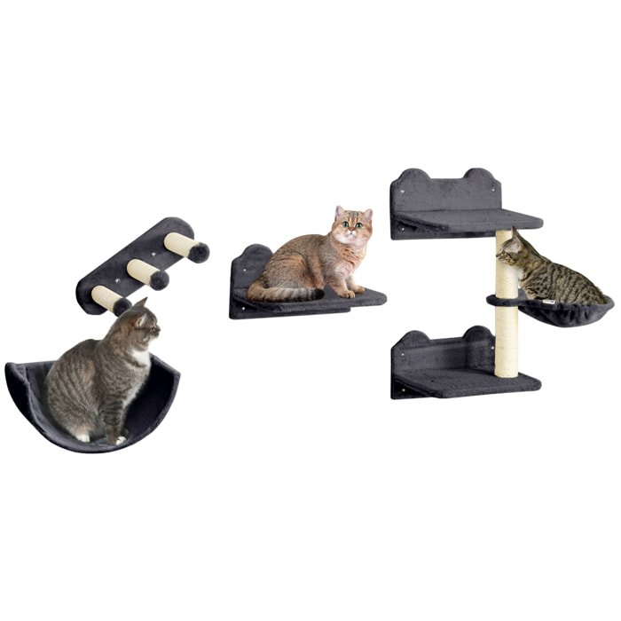 Estante de Escalada para Gatos de Pared Juego de Estantes para Gatos 4 Piezas con Hamaca Nido Rascador Plataformas para Saltar y Poste de Sisal Gris Oscuro
