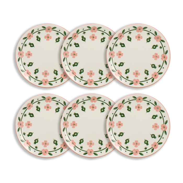 Lot de 6 assiettes à dessert 19cm en porcelaine blanc et rose floral PRIMAVERA