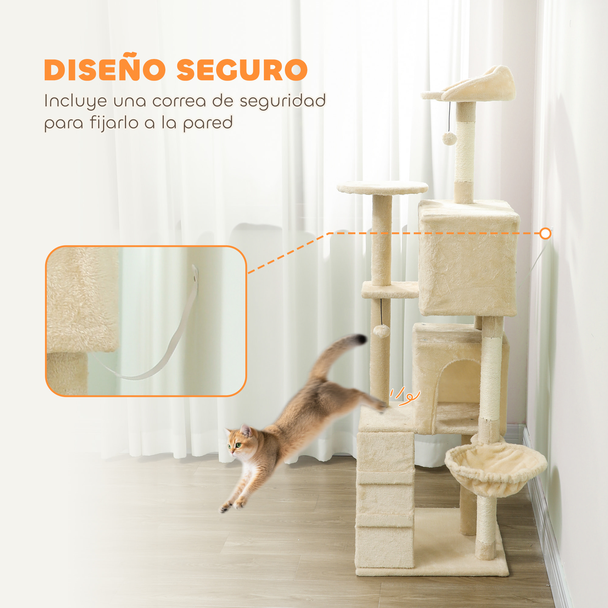 Árbol Rascador para Gatos, Árbol para Gatos 160 cm, Torre Escalador con Múltiples Plataformas, Cama, 2 Cuevas, Hamaca, Escalera, Postes de Sisal, Bolas para Jugar, Beige