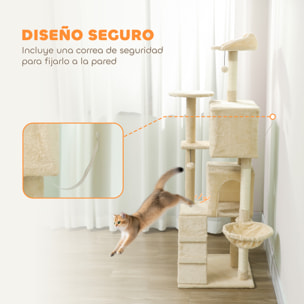 Árbol Rascador para Gatos, Árbol para Gatos 160 cm, Torre Escalador con Múltiples Plataformas, Cama, 2 Cuevas, Hamaca, Escalera, Postes de Sisal, Bolas para Jugar, Beige