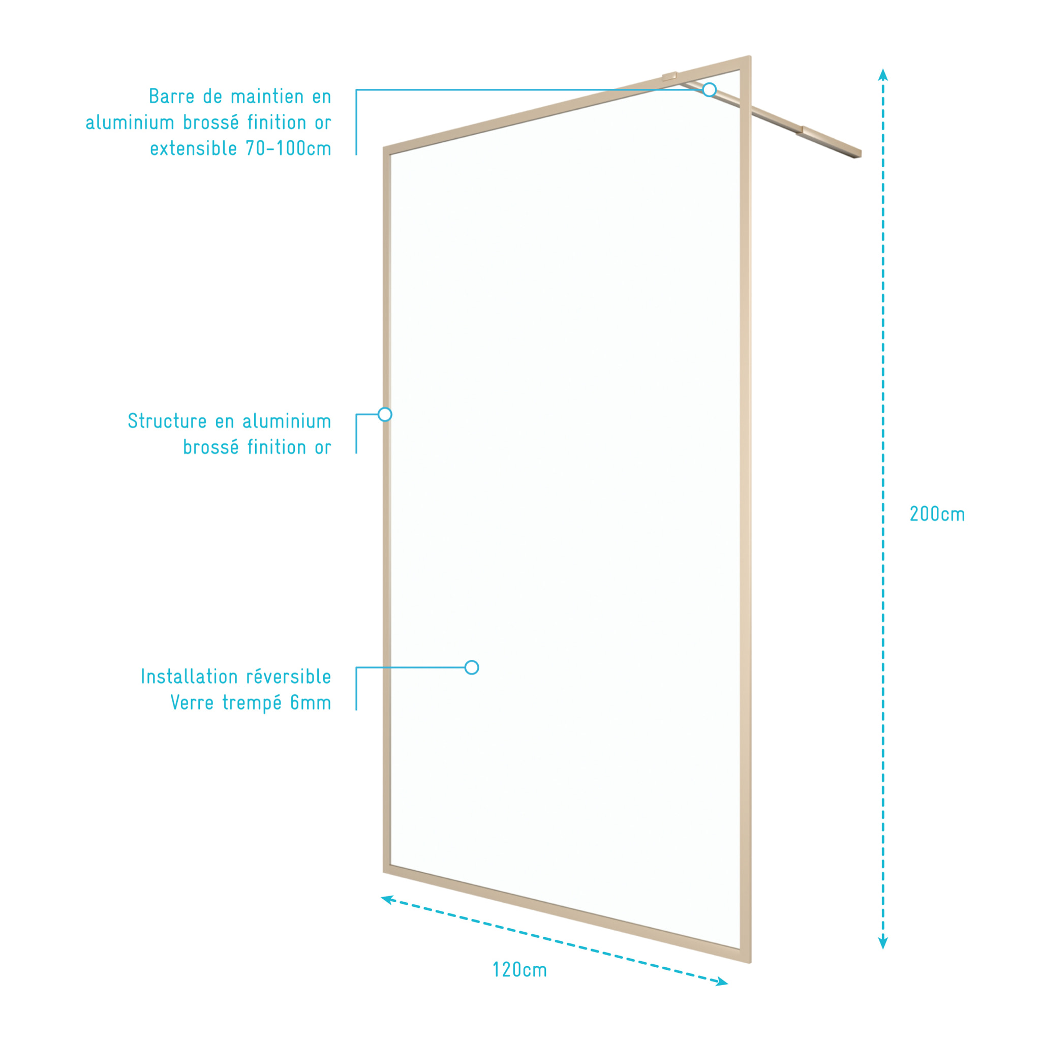 Paroi de douche 120x200 cm - Cadre et bras aluminium Or Doré Brossé - GOLDY CONTOURING