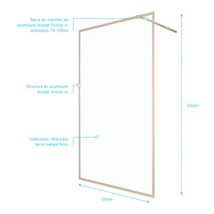 Paroi de douche 120x200 cm - Cadre et bras aluminium Or Doré Brossé - GOLDY CONTOURING