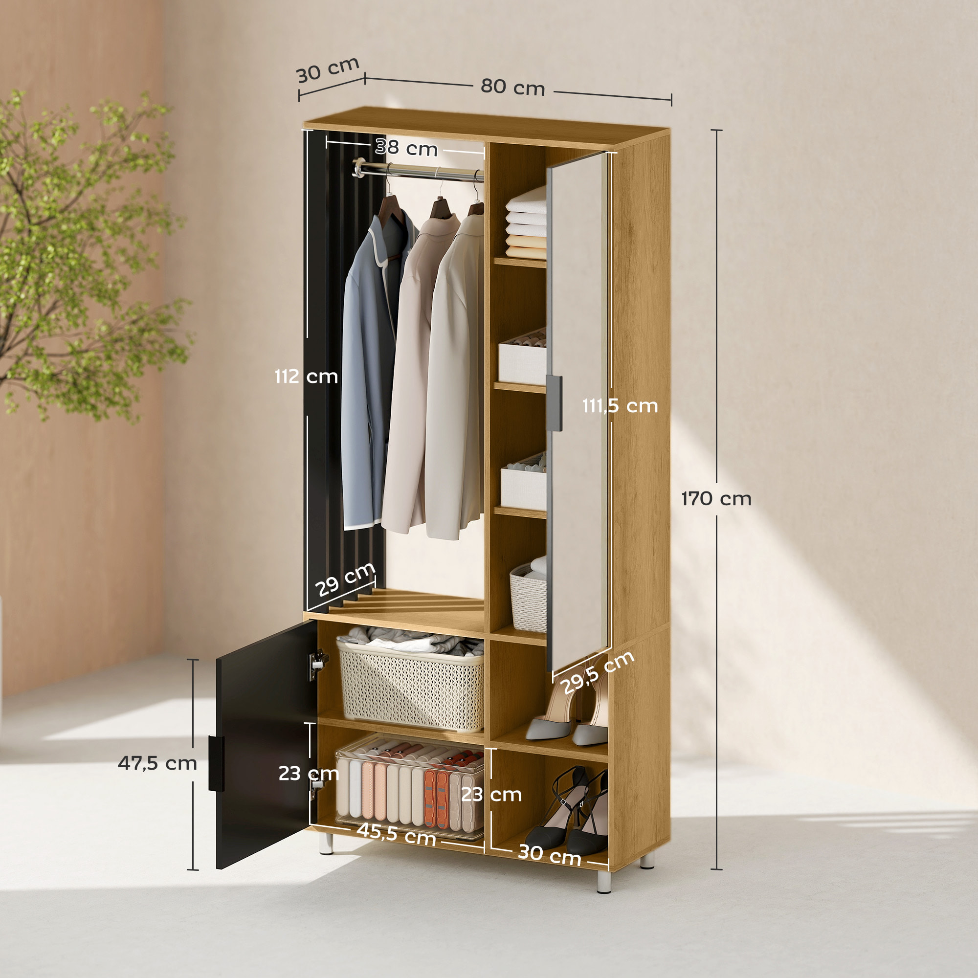 Armoire de chambre penderie dressing miroir design 2 portes, 4 étagères, 2 niches, tringle