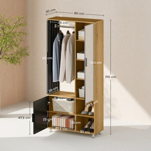Armoire de chambre penderie dressing miroir design 2 portes, 4 étagères, 2 niches, tringle