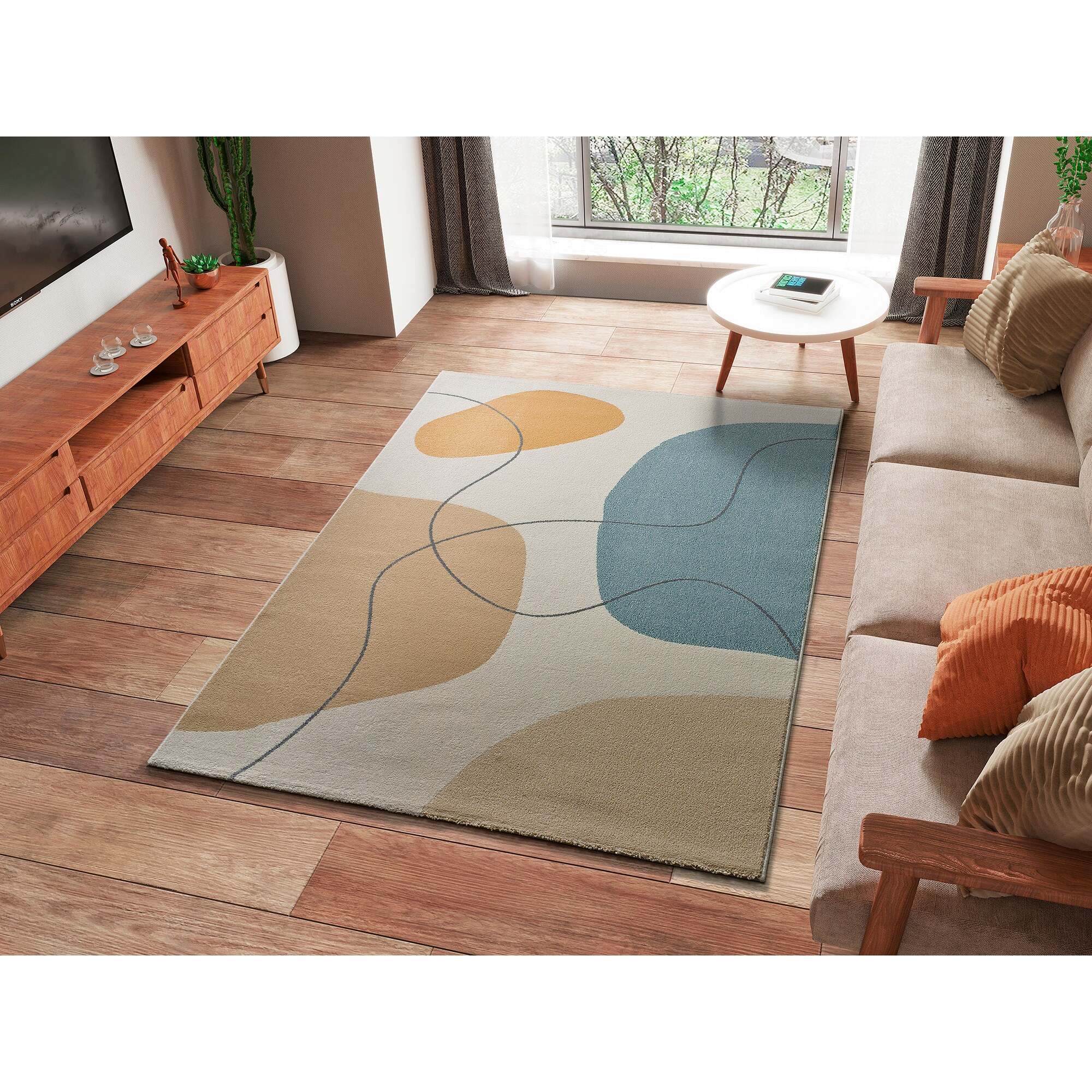 NEW YORK Alfombra con formas en crema, mostaza y azul, varias medidas disponibles