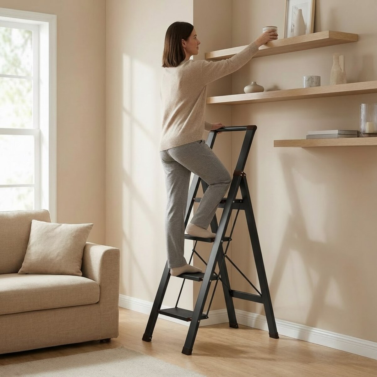 Scala piatta 4 Gradini in alluminio nera antiscivolo uso domestico 150 kg