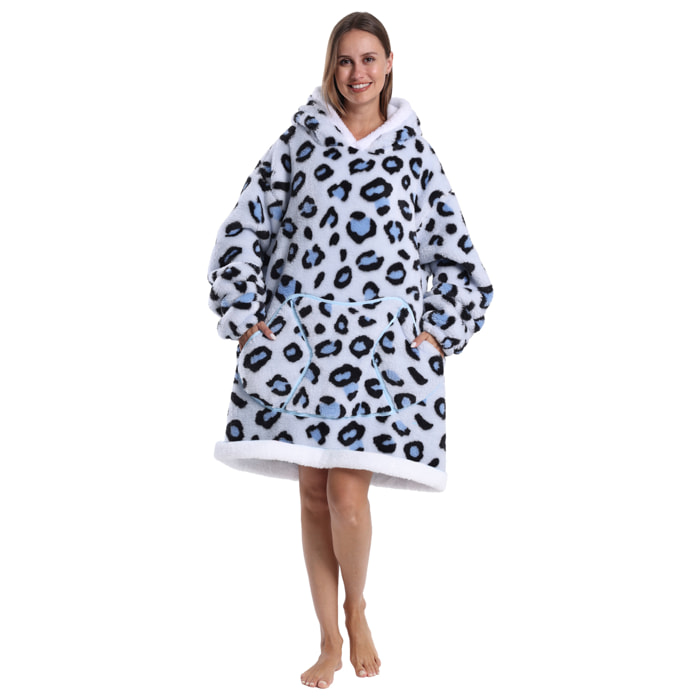 Vestito stile felpa e coperta in pile extrasoft. Triplo taschino frontale tipo kangaroo. Design leopardo bianco tipo corto.