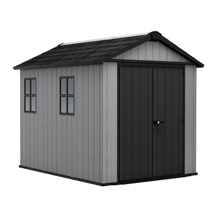 Newton + 759/975 - Casetta da Giardino 287x246x230 cm 2 Ante per deposito attrezzi finitura effetto legno Evotech+ in Resina Grigio e Nero
