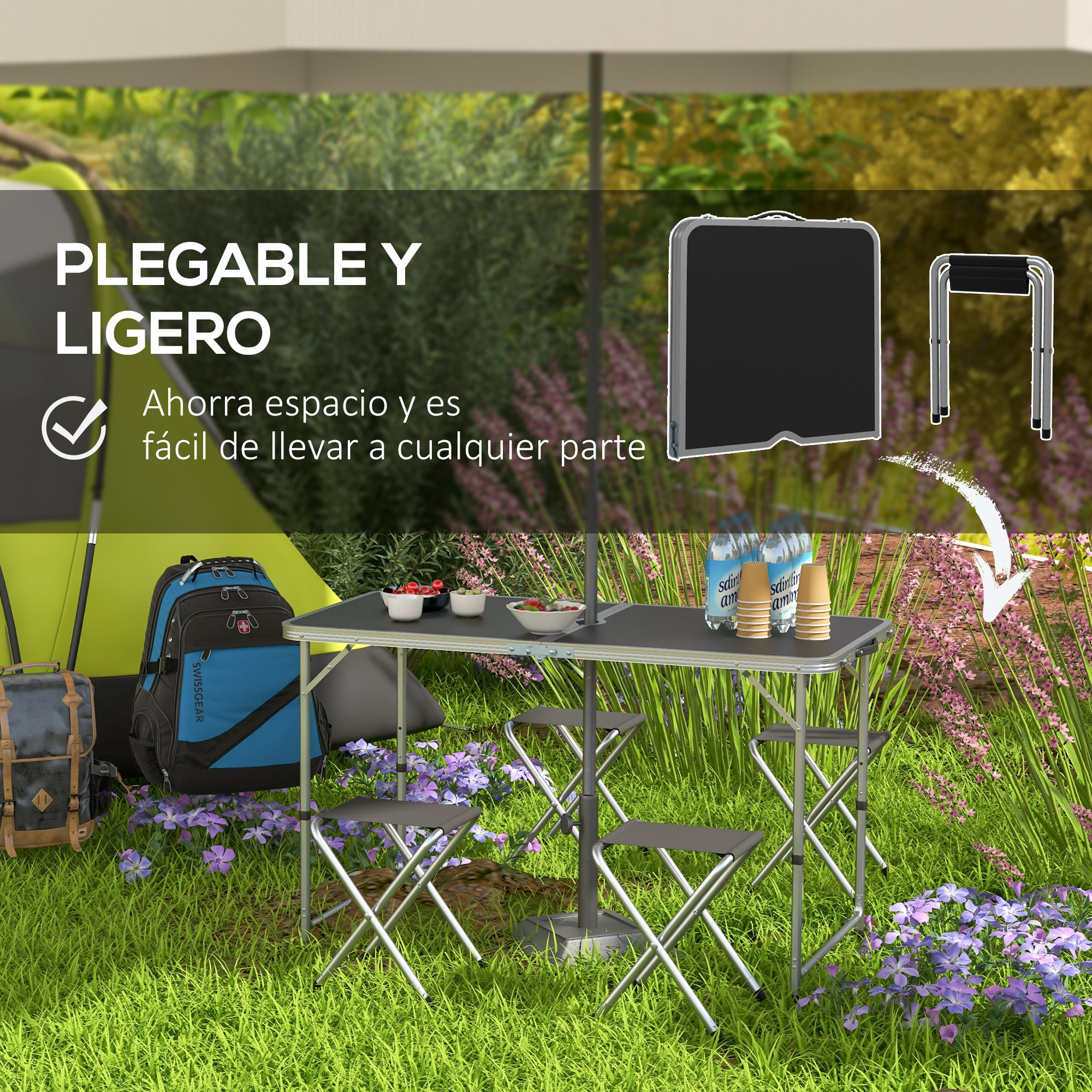 Conjunto de Camping de 5 Piezas Mesa para Camping Plegable con Sillas Incluye 1 Mesa Ajuatsble en Altura con Encimera MDF Orificio para Sombrilla 120x60x55-70 cm y 4 Taburetes Plegables Negro