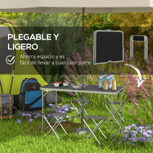 Conjunto de Camping de 5 Piezas Mesa para Camping Plegable con Sillas Incluye 1 Mesa Ajuatsble en Altura con Encimera MDF Orificio para Sombrilla 120x60x55-70 cm y 4 Taburetes Plegables Negro