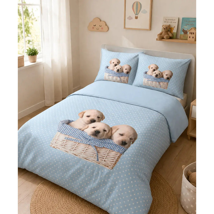 Parure Copripiumino Cagnolini 9 Azzurro in Cotone 100% Made in Italy, Stampa Digitale HD