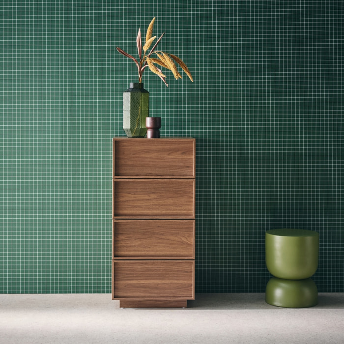 Commode chiffonnier noyer 4 tiroirs effet bois - L 48 x P 43 x H 98.5cm - Kuba