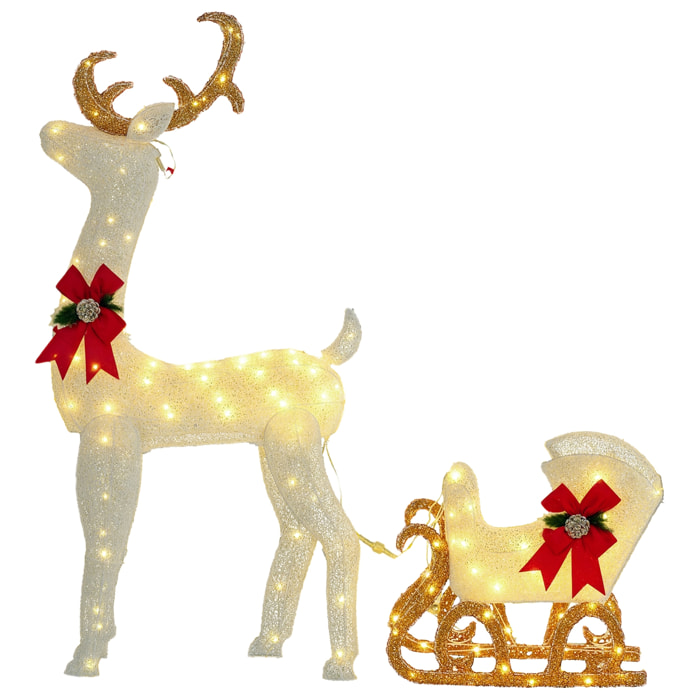 Reno con Trineo Luminoso, Decoración de Navidad con 170 LED Blanco Cálido, Illuminación Navideña para Interior, Exterior y Jardín