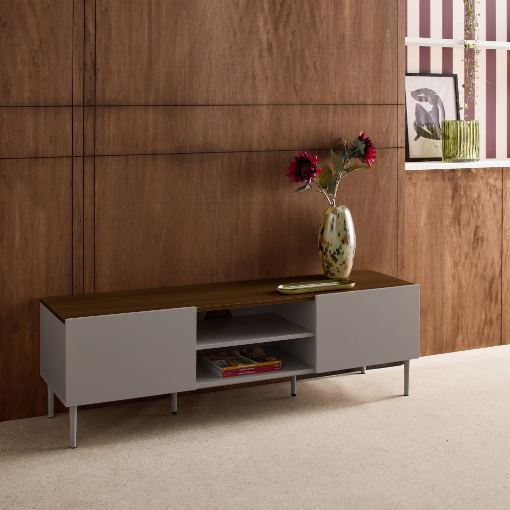Meuble TV décor bois piétement métal 2 portes 140cm ASHTON