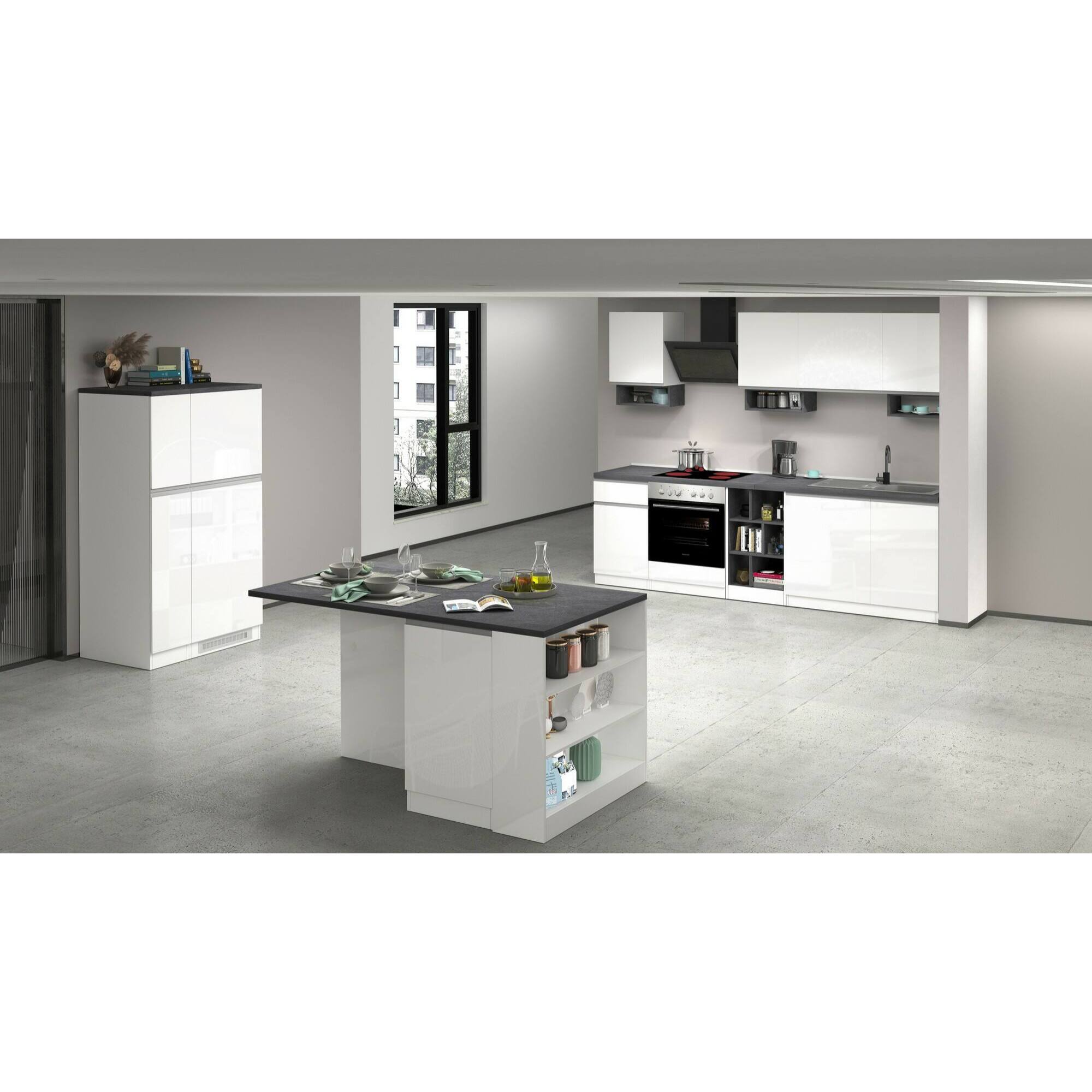 Isola da cucina Dcannaval, Tavolo ausiliario portaoggetti, 100% Made in Italy, 160x90h90 cm, Bianco lucido e Ardesia