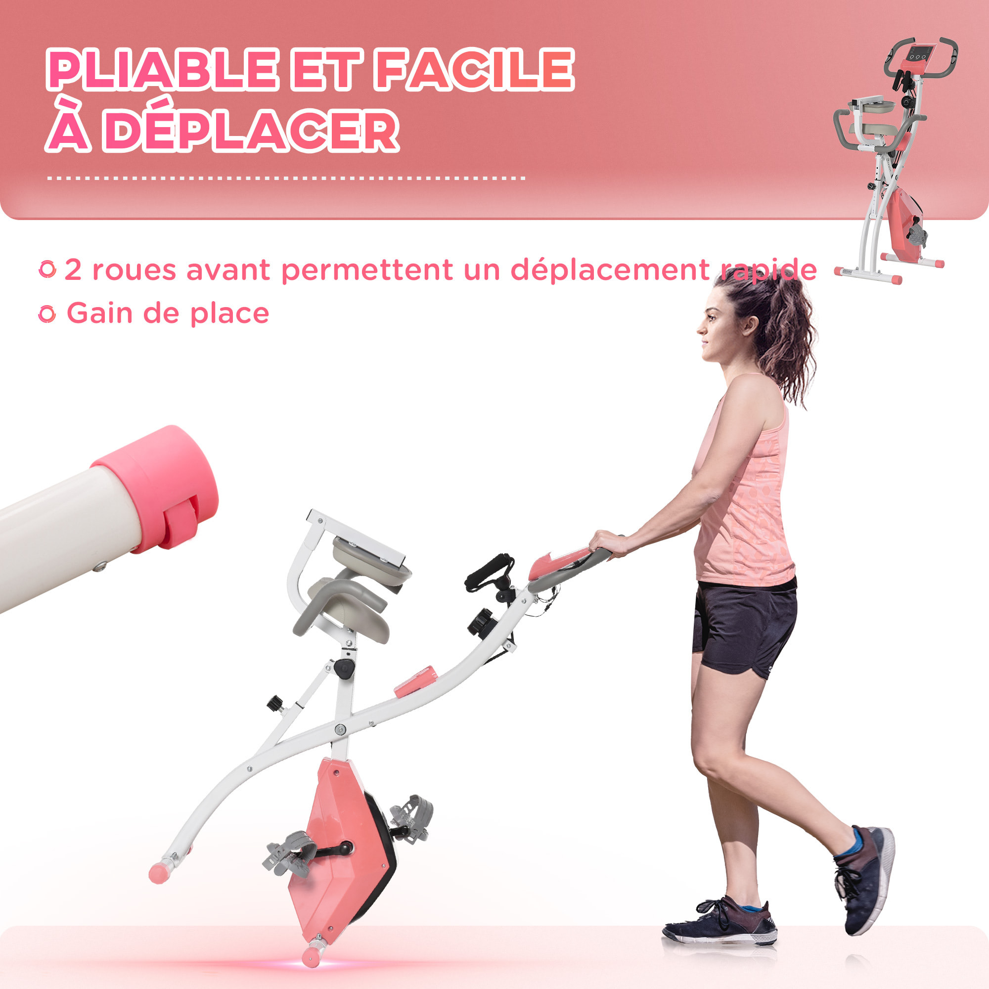 Vélo d'appartement pliant 8 niveaux de résistance magnétique dossier selle réglable poignées ergonomiques écran LCD multifonction suspensions support tablette acier rose blanc