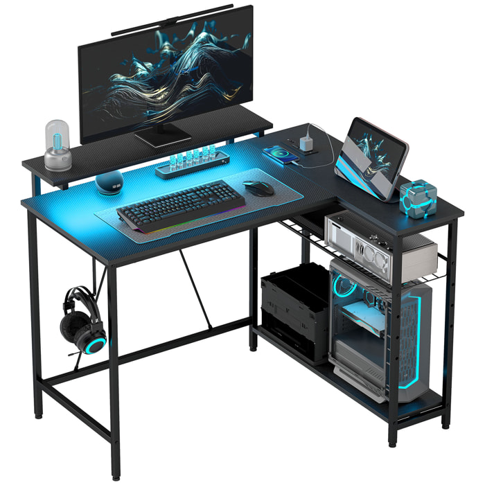 Bureau d'angle réversible avec LED, 2 prises et 2 ports USB, 107x80cm, avec étagère, support d'écran, noir