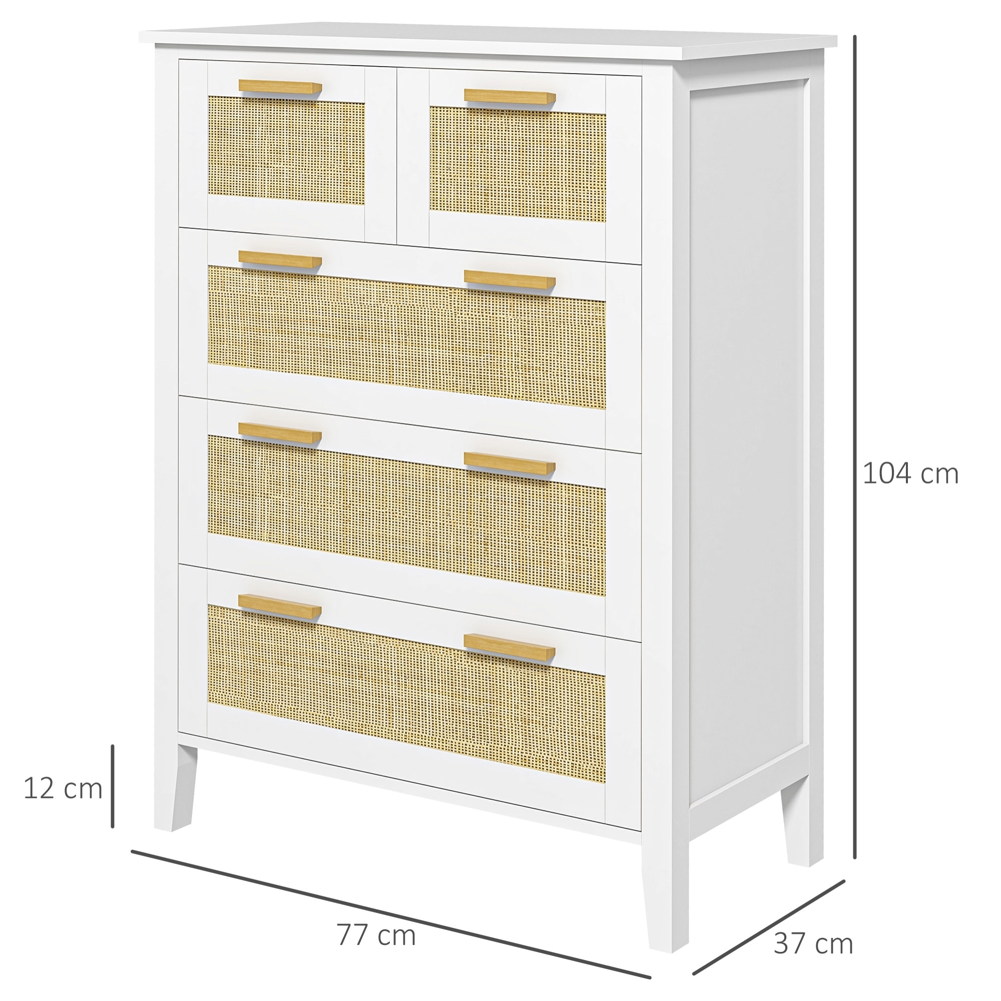 Commode 5 tiroirs cannage en rotin dim. 77L x 37l x 104H cm MDF blanc bois de pin