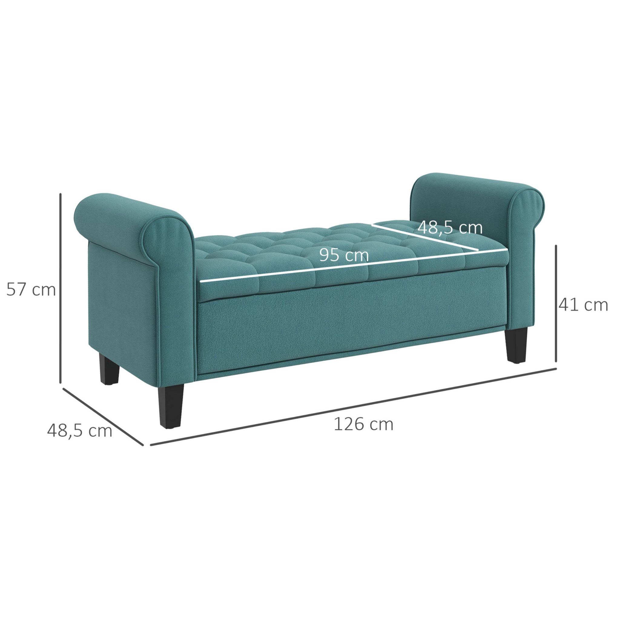 Banc coffre banquette coffre de rangement velours dim. 126 x 48,5 x 57 cm piètement bois hévéa noir turquoise