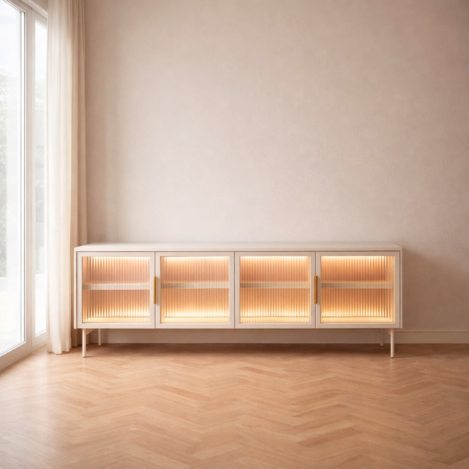 Mobile Tv elegante con 4 ante in vetro, ripiani interni e illuminazione LED integrata. Struttura resistente laminato 181.3 x 39.3 x 61.6 cm Cashmere