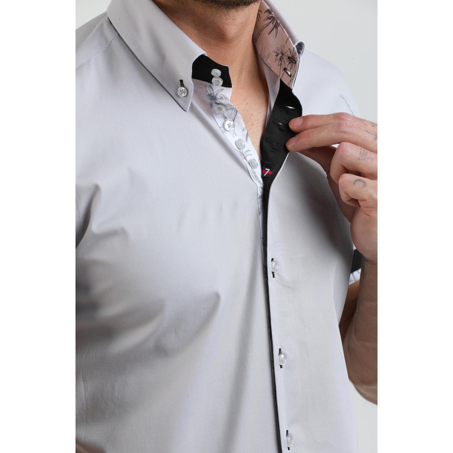 Camicia Uomo Manica Corta 2 Bottoni Button Down 7 Botto Popeline Stretch Unito Grigio