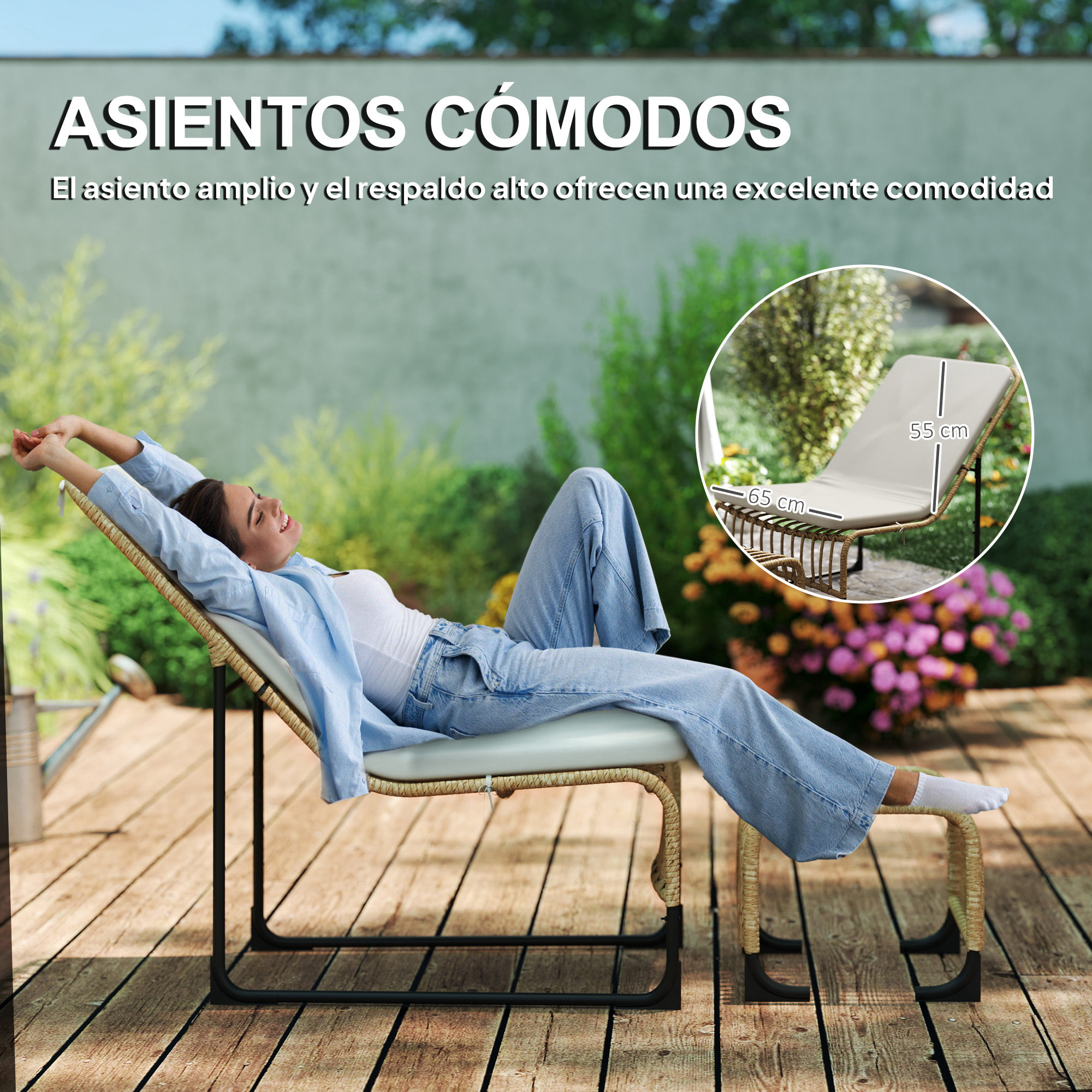 Conjunto de Sillón de Jardín con Reposapiés de Ratán Sintético Sillón para Exterior con Cojín Acolchado y Estructura de Acero Natural y Beige