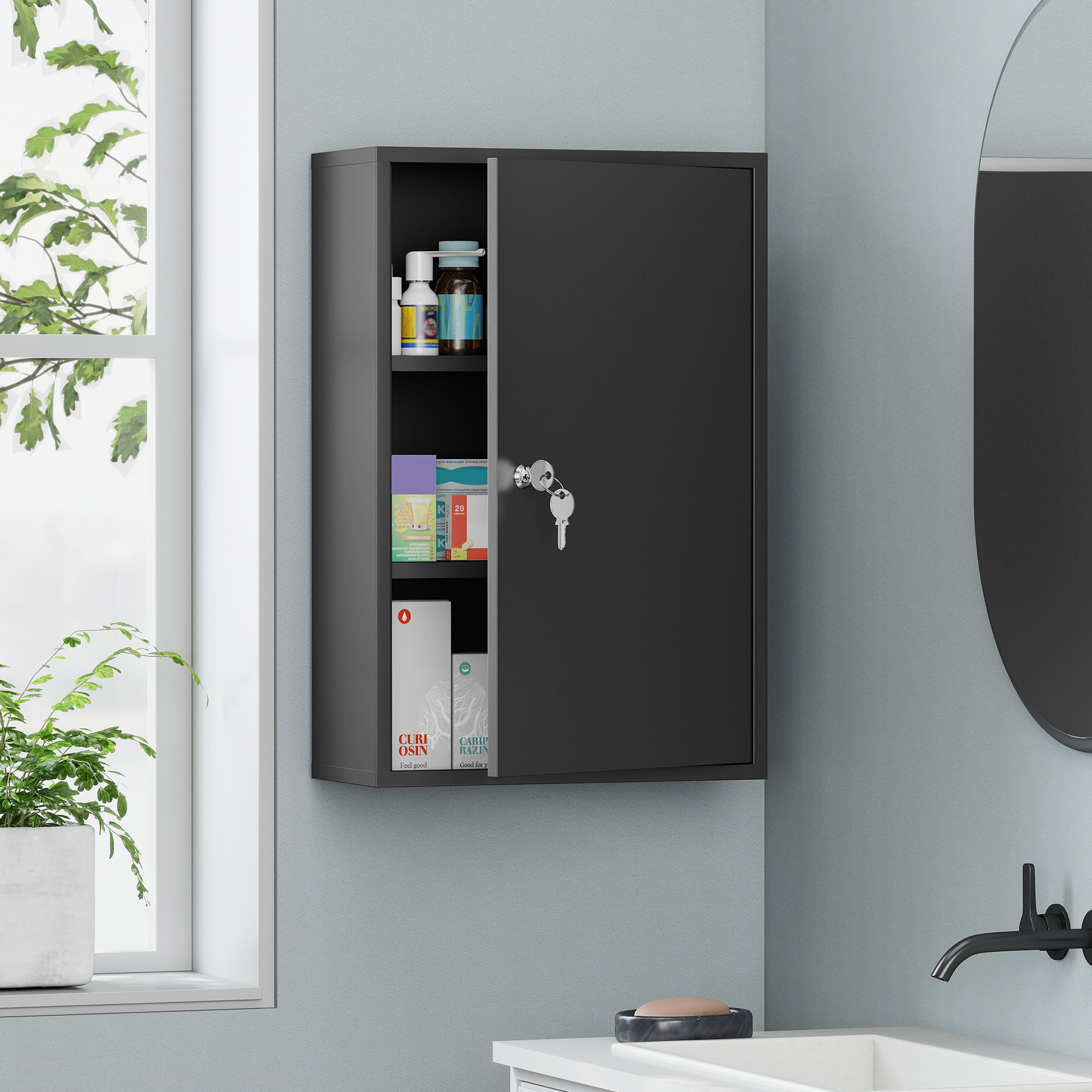 Armoire à pharmacie 2 étagères 3 niveaux verrouillable dim. 40L x 18l x 60H cm 2 clés métal noir