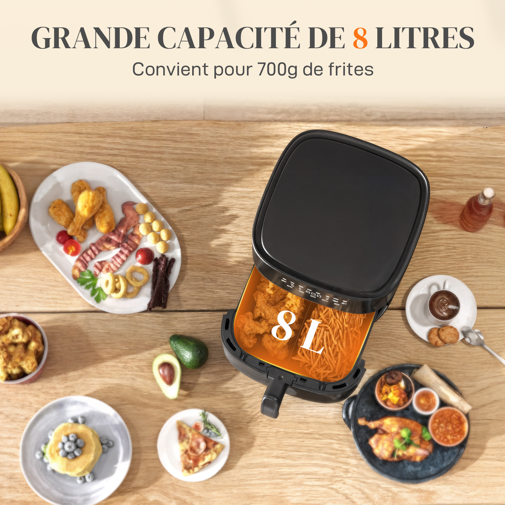 Friteuse à air friteuse sans huile air fryer 1700W 8L 8 prog. écran tactile LED multifonction noir