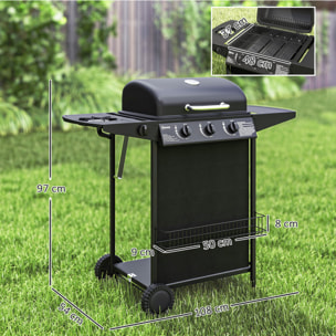 Barbacoa de Gas BBQ Gas con 3+1 Quemadores 9,5 kW Barbacoa Portátil con Termómetro Mesa Lateral Estante Especiero Parrilla Recogedor de Grasa 2 Ruedas para Jardín Exterior Camping Negro