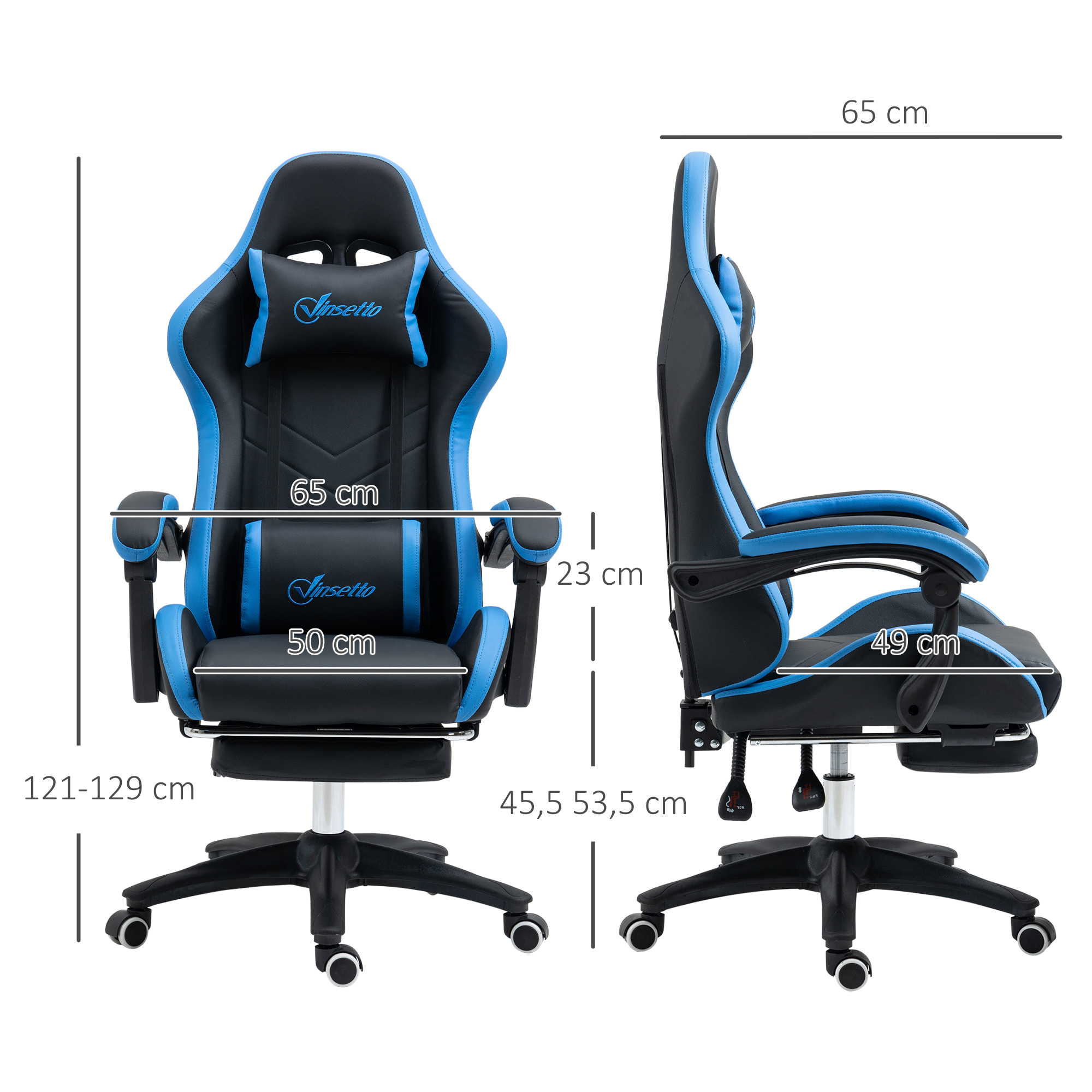 Silla Gaming Ergonómica, Silla Gamer de Cuero PU con Reclinable 135°, Soporte Lumbar, Altura Ajustable, Reposacabezas y Reposapiés Retráctil, para Oficina, Estudio, Negro y Azul