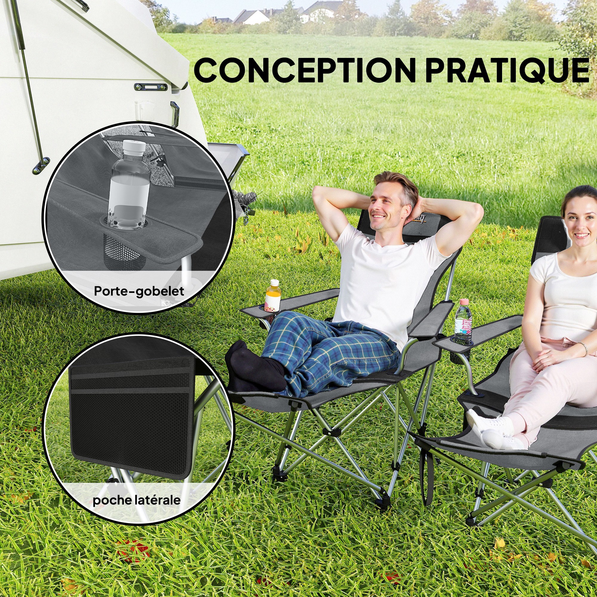Lot de 2 chaises de camping pliantes - repose-pied amovible, rangements - sac transport - gris
