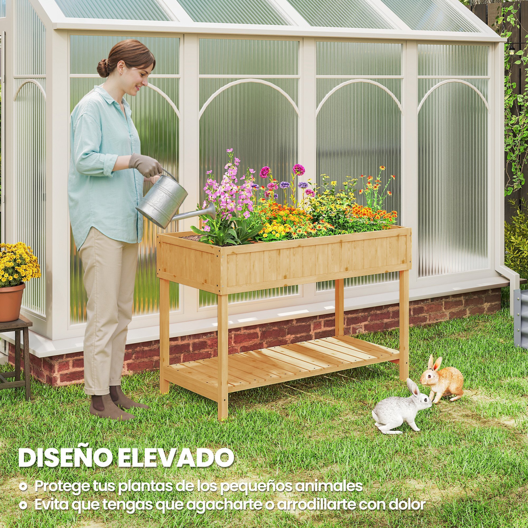 Huerto Urbano de Madera, Mesa de Cultivo con Estante Inferior, Jardinera Elevada para Cultivo, Plantas, Flores y Verduras, 110x46x76 cm, Natural